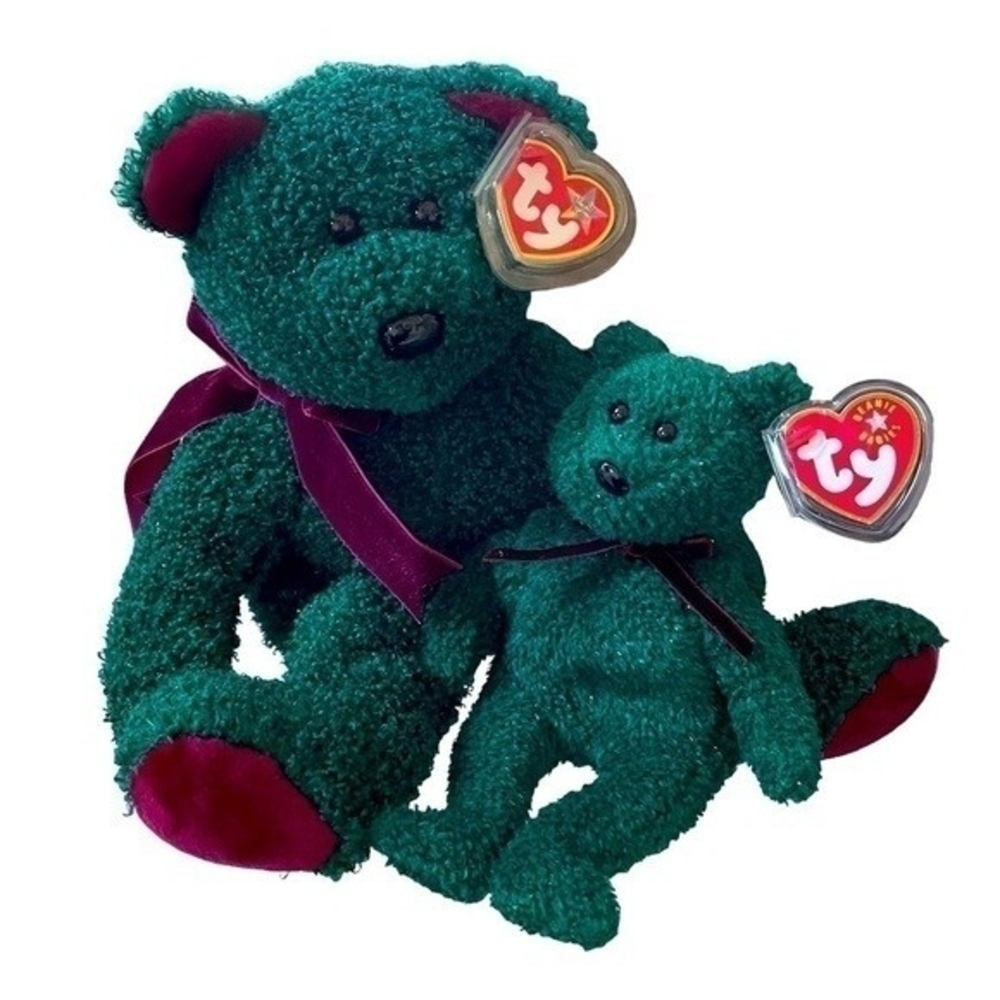 TY Beanie Buddy Wallace Bear 15 & Baby 9 Green Purple Ribbon 2001 NWT Christmas - Picture 2 of 3